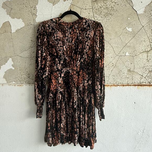 Free People Heartbeat Mini Dress Long Sleeve Black Floral Boho Romantic Party XS - Picture 2 of 10